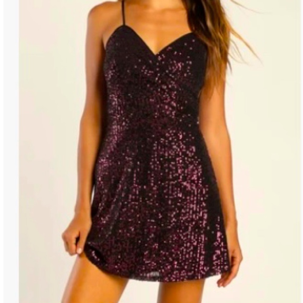 Lulus sequined magenta and black skater dress